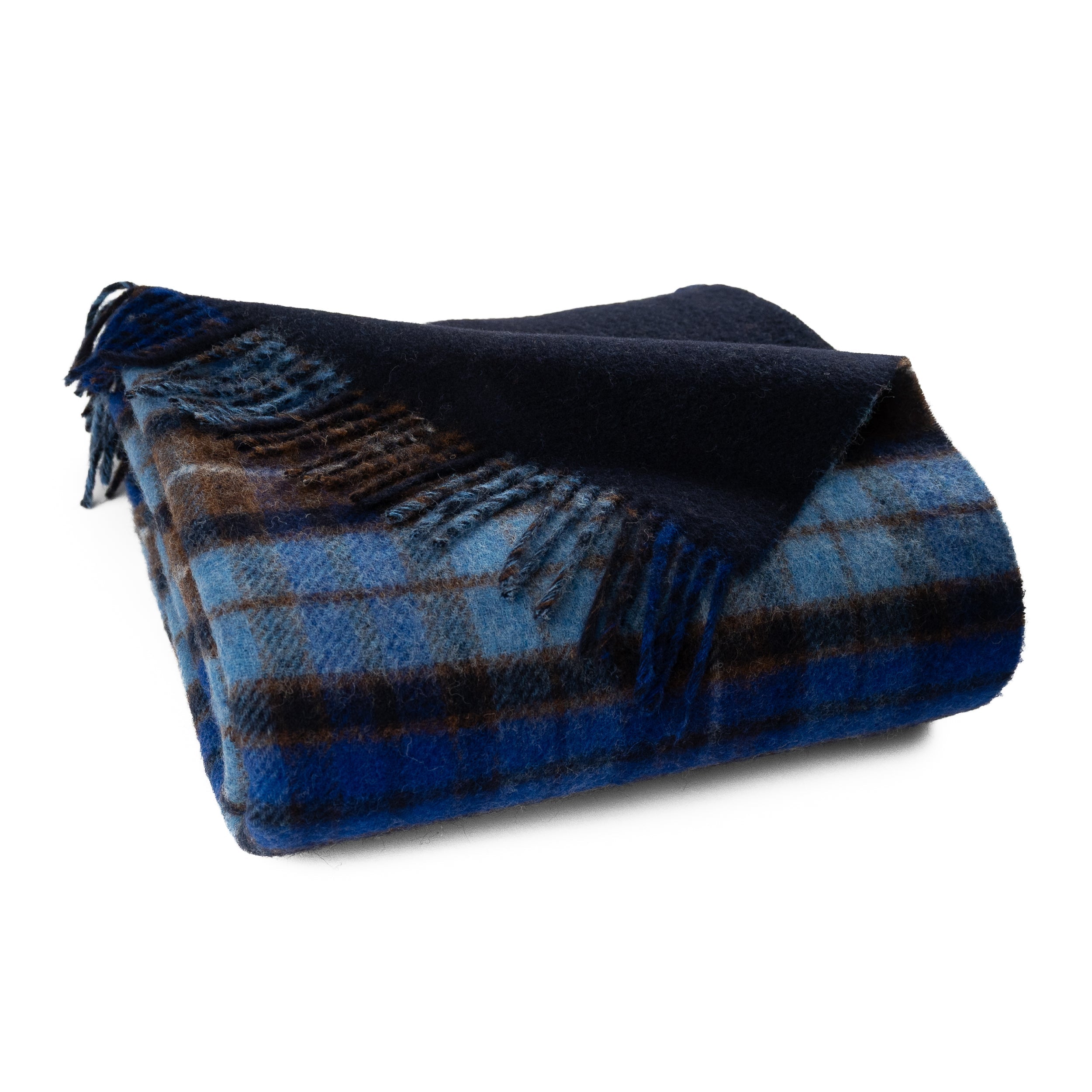 Reversible wool throw in Blue Buchanan tartan and solid navy