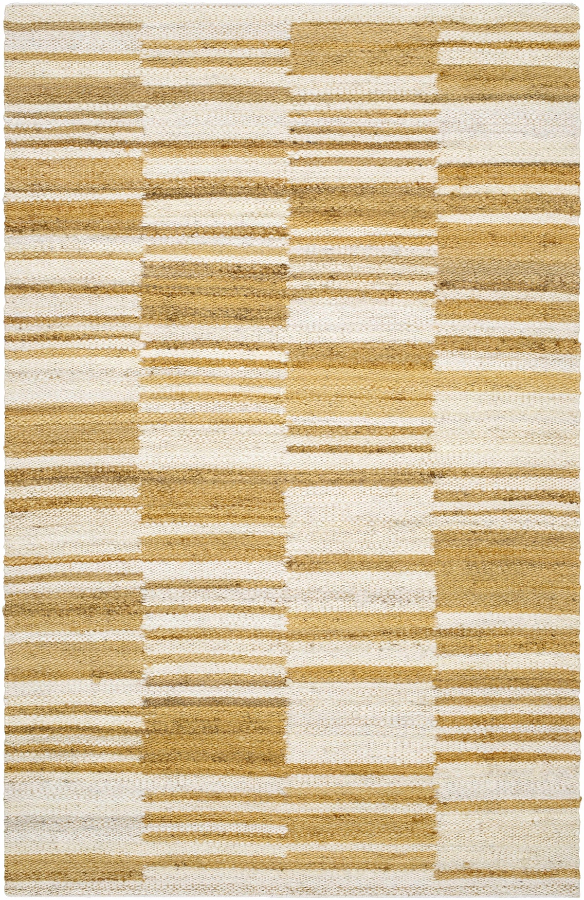 Natural jute flatweave rug in ivory and tan stripe pattern.
