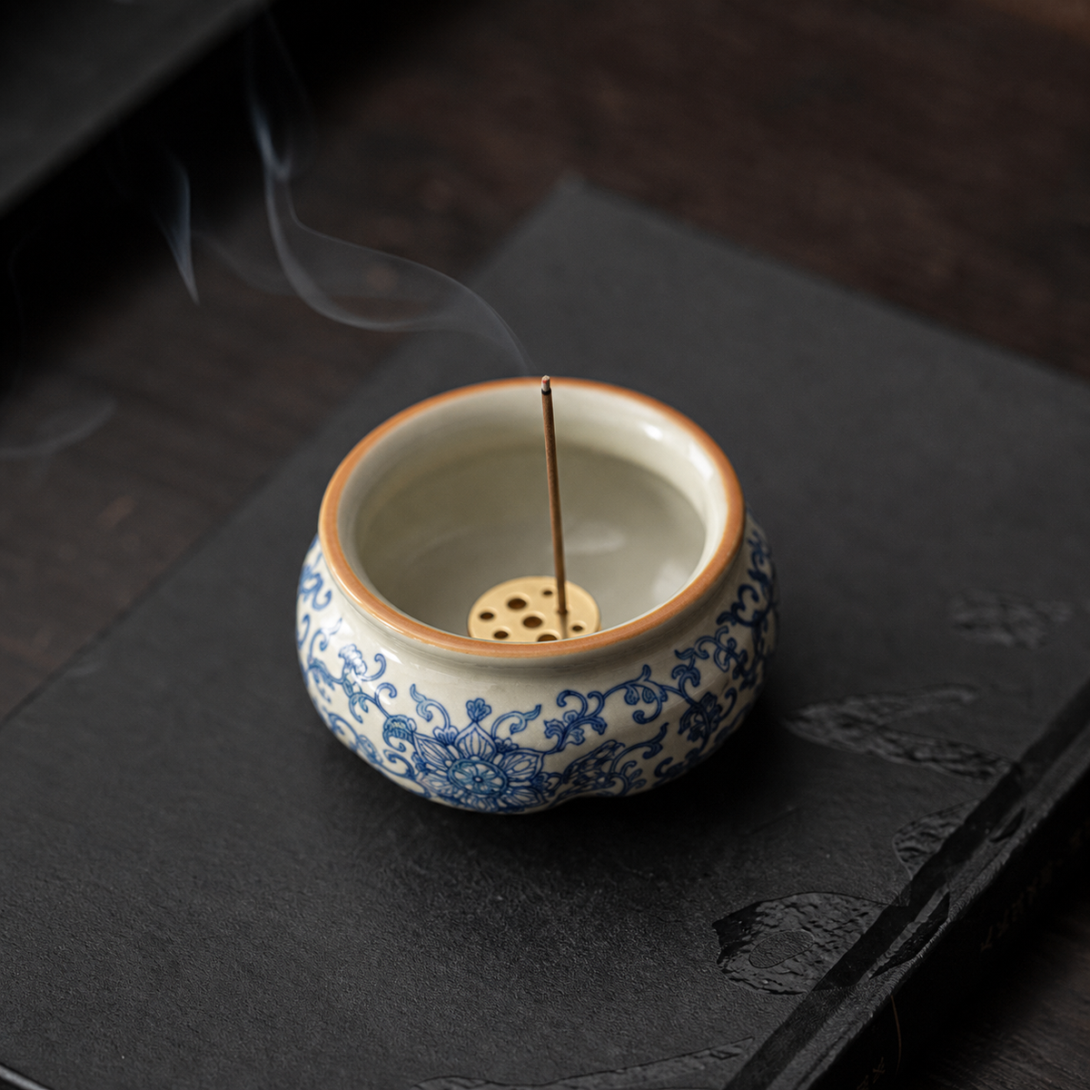 Lotus Incense Burner — Blue-and-White Vine