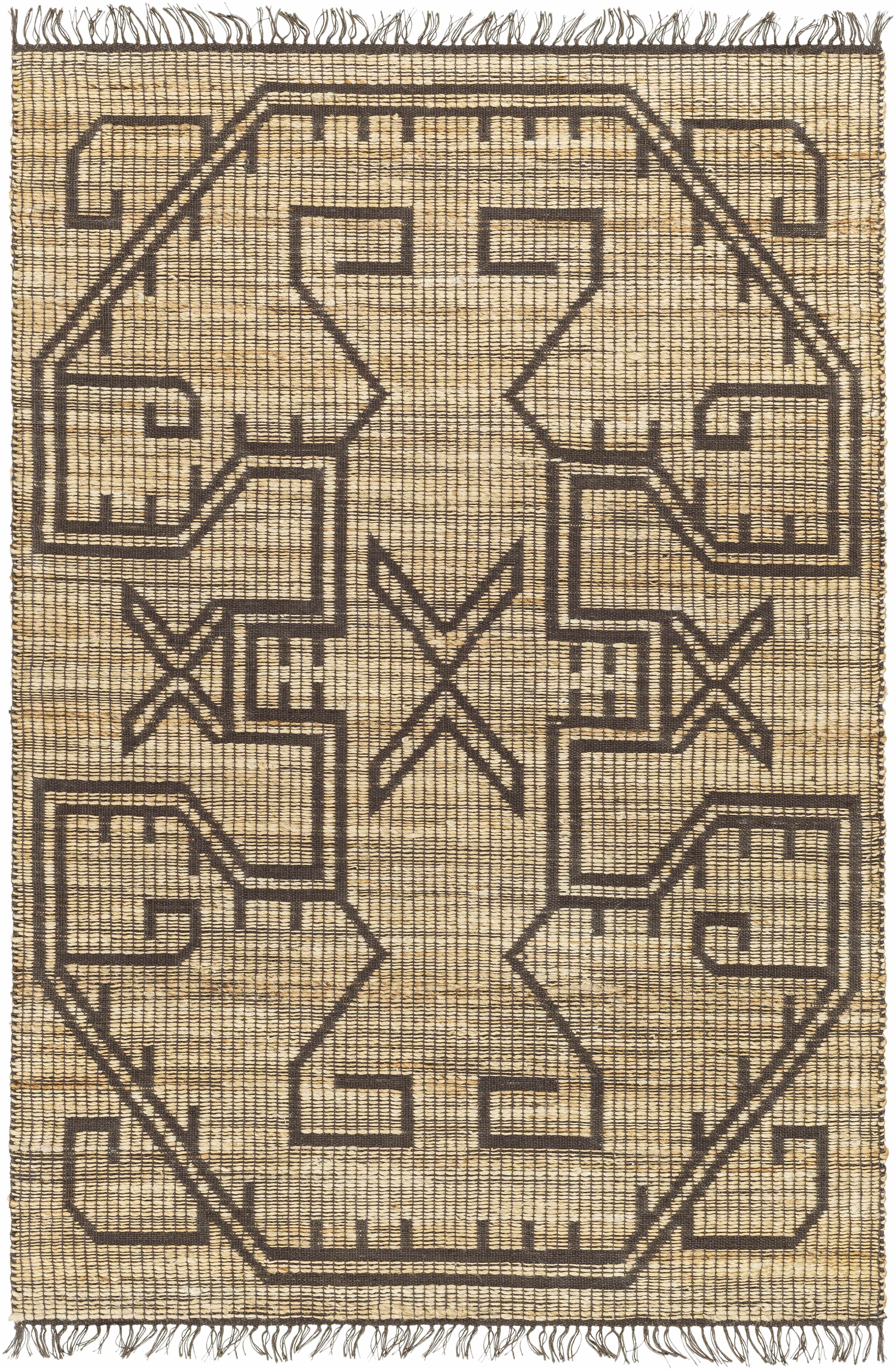 Fringed jute rug in taupe, charcoal and sandstone