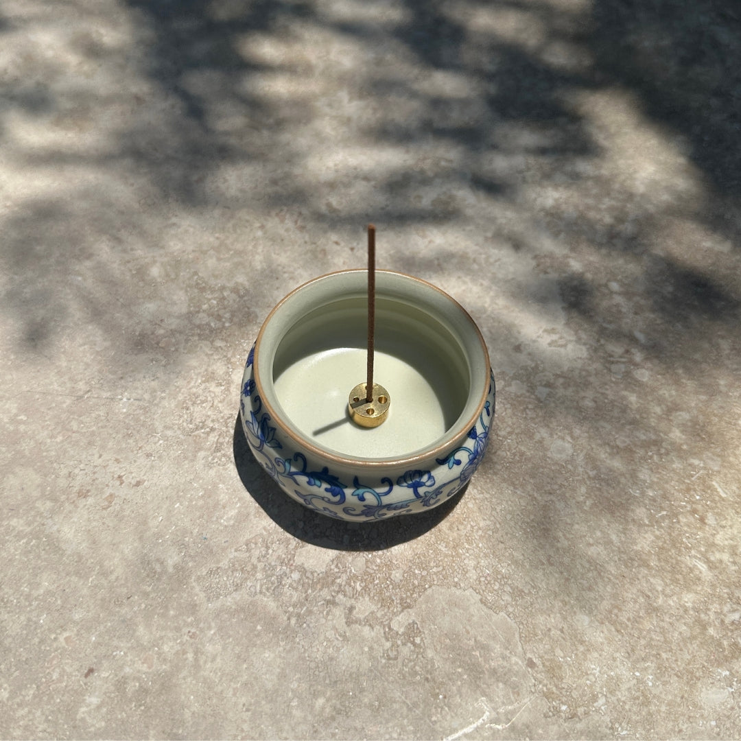 Lotus Incense Burner — Blue-and-White Vine