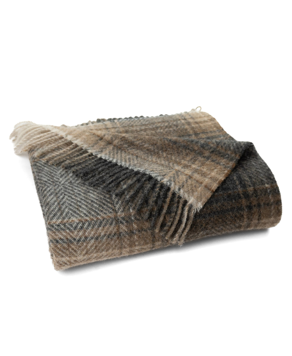 Shetland lambswool throw with a neutral ombre tartan in camel, grey and cream