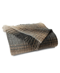 Shetland lambswool throw with a neutral ombre tartan in camel, grey and cream