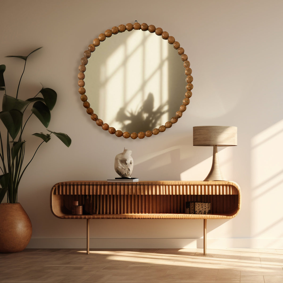 Wooden Beads Frame Circular Wall Mirror - 32"