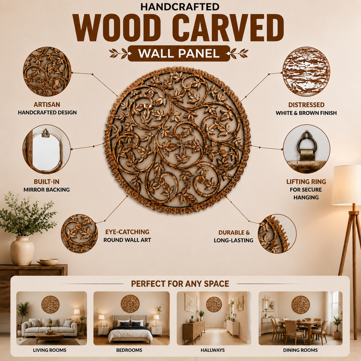 Round Wood Handcarved Wall Panel - 36"