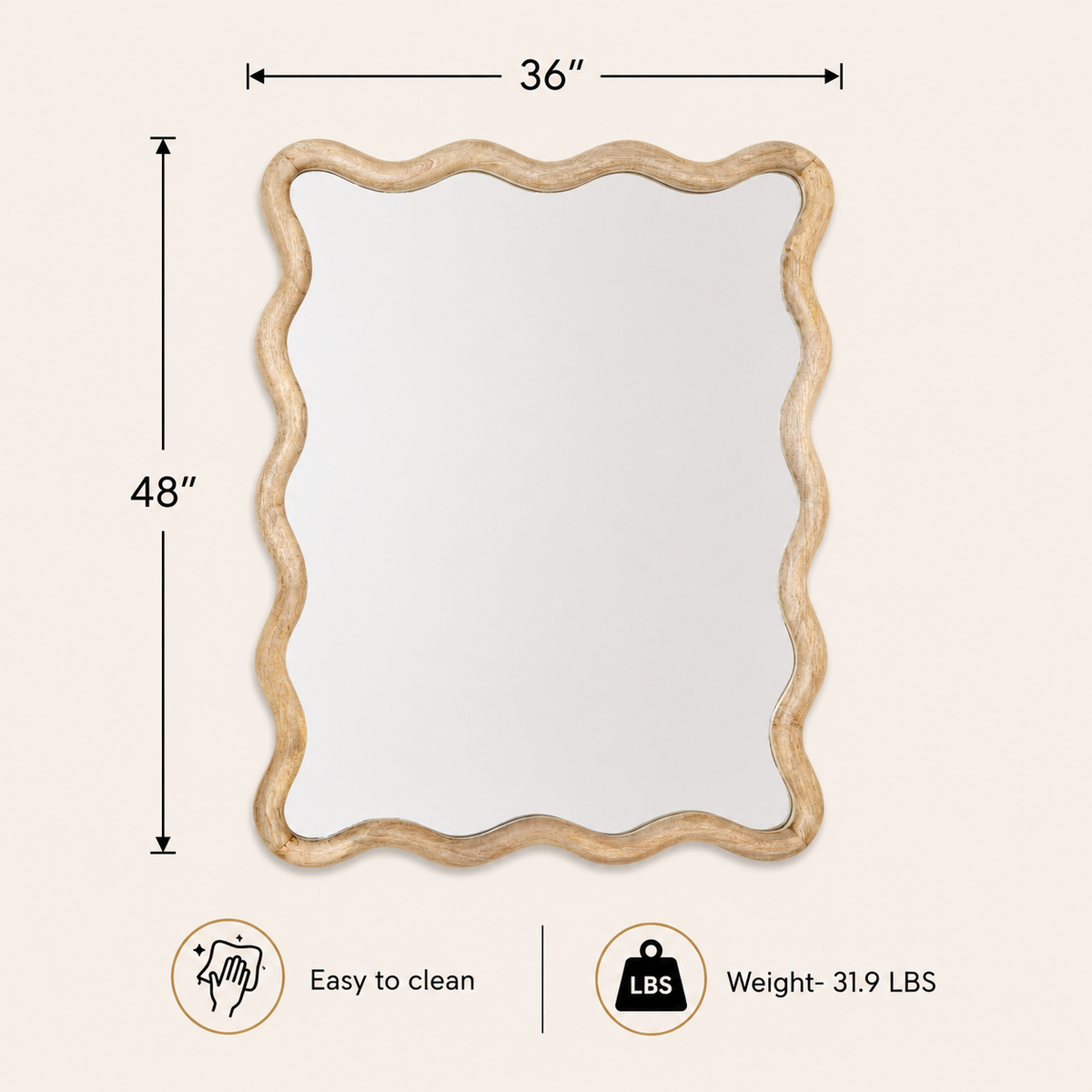 Mango Wood Frame Wavy Wall Mirror  - 36x48"