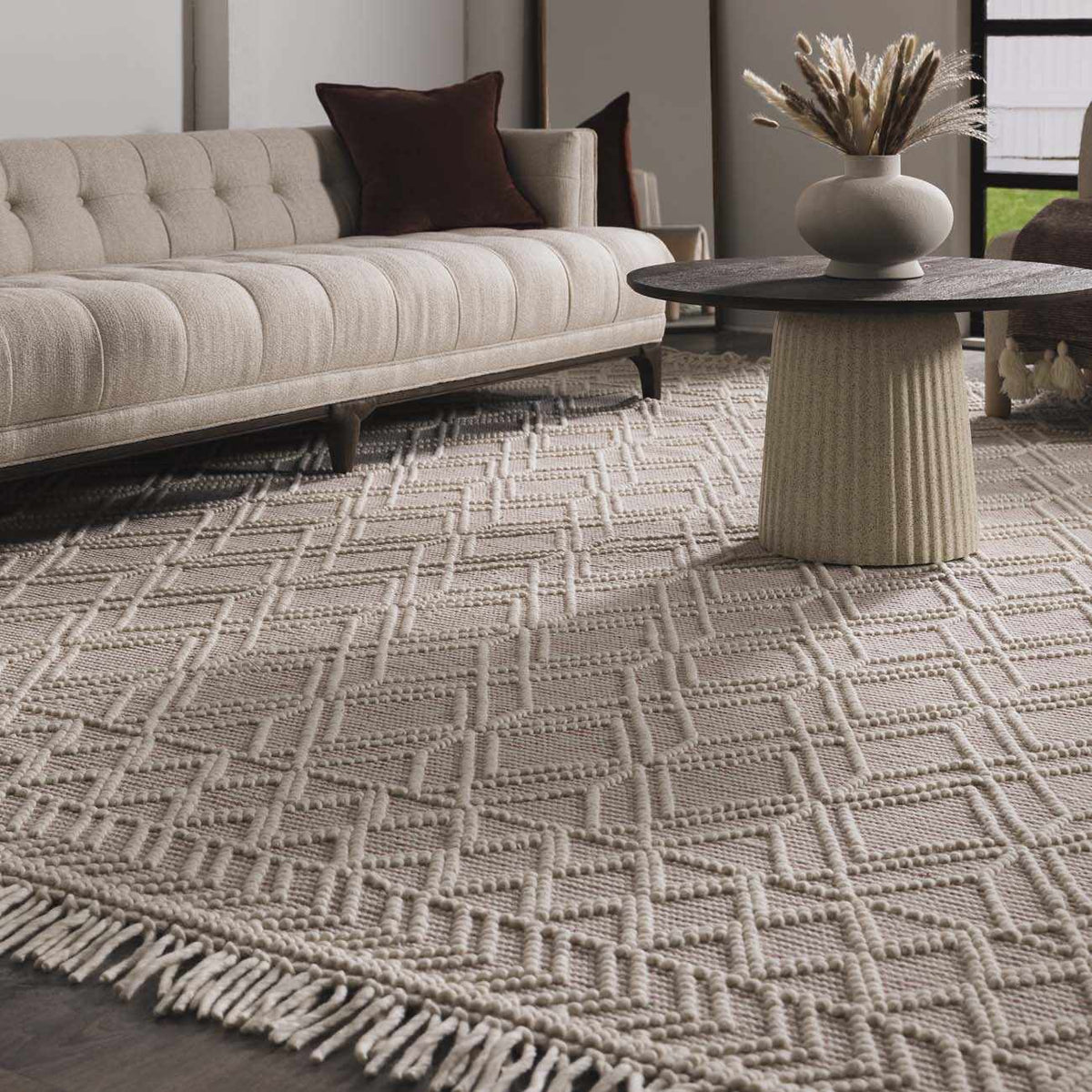 Soft pink hand-woven wool and cotton rug