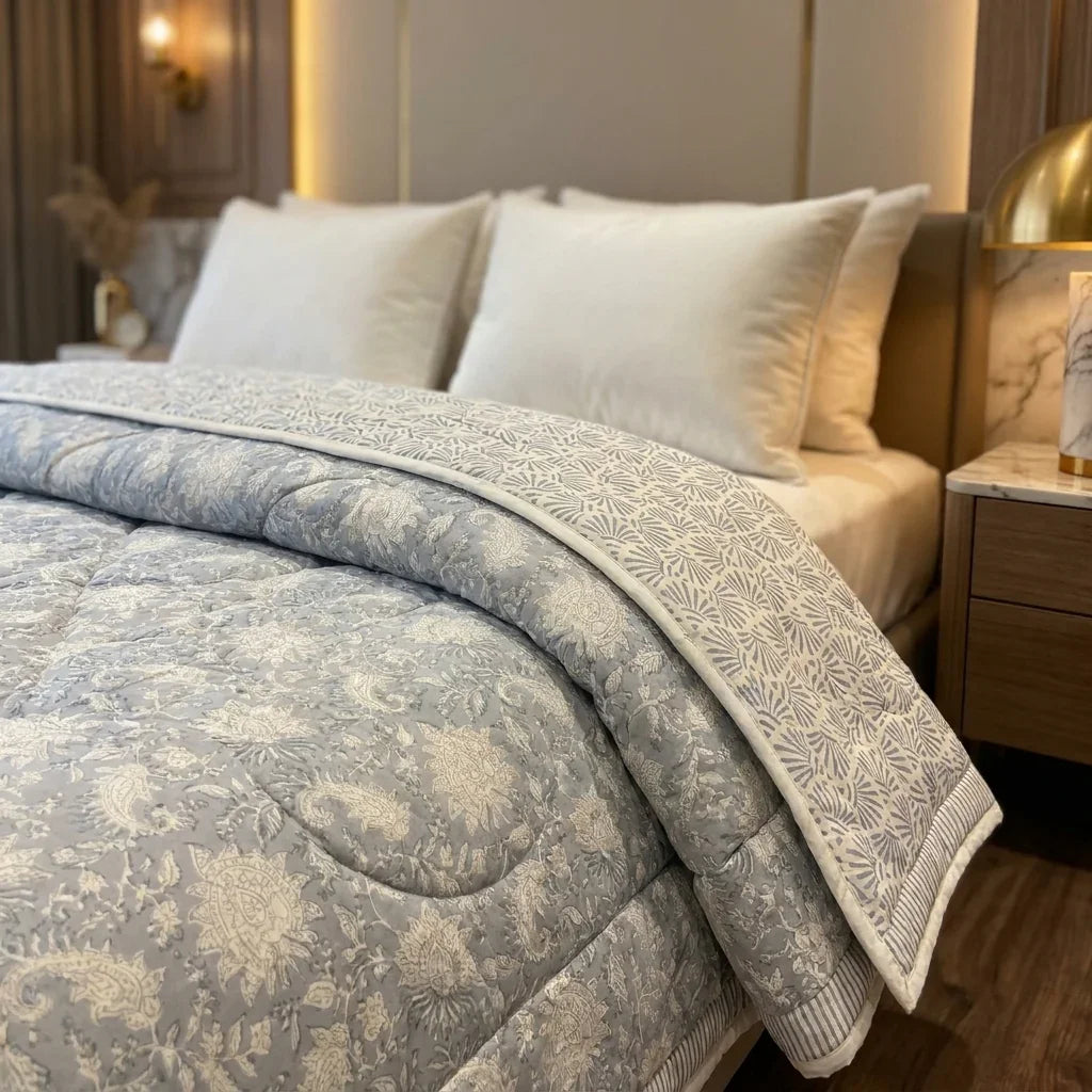 Hand Block Print Quilted Comforter - Grey & Cream
