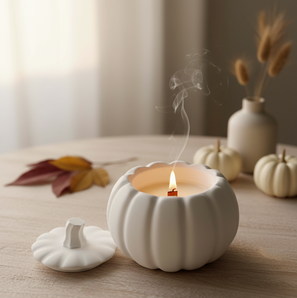 Candle in a jesmonite pumpkin-shaped vessel