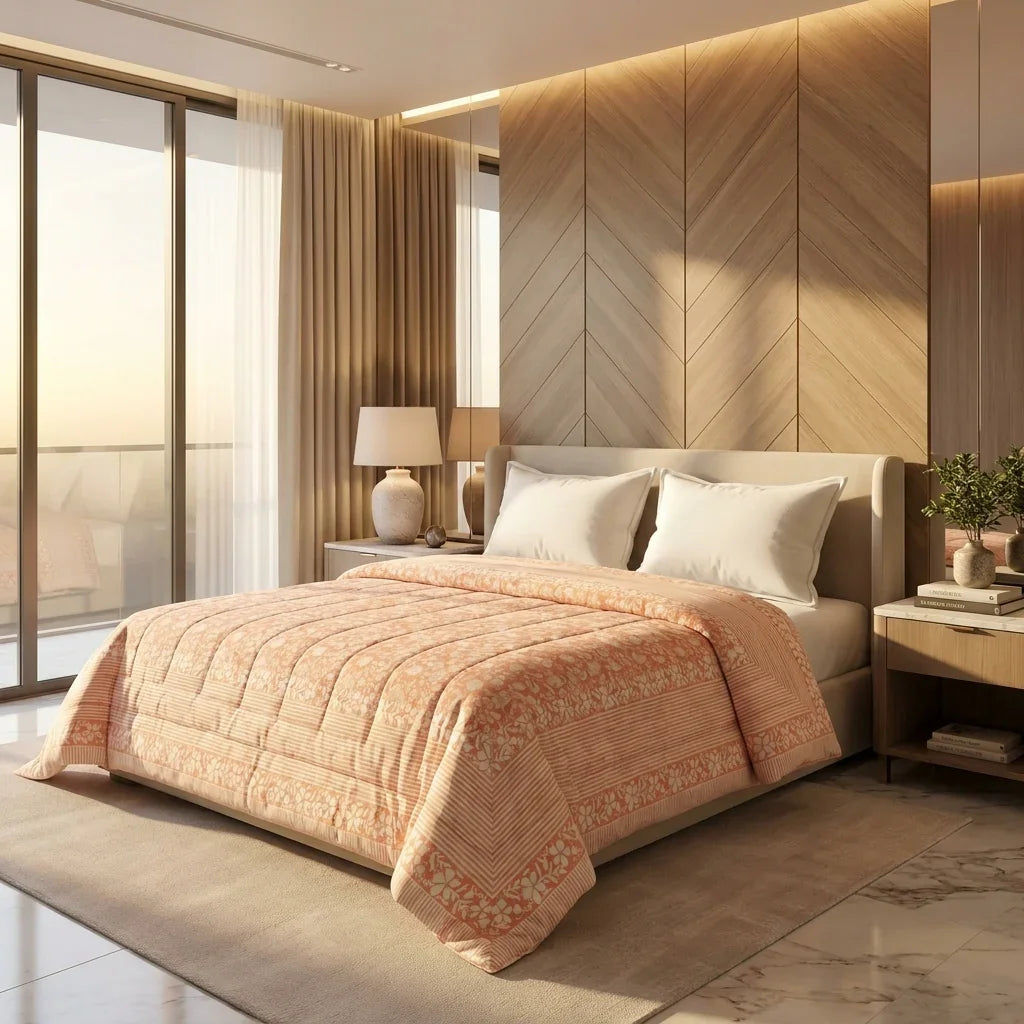 Hand Block Print Quilted Comforter - Peach & Cream
