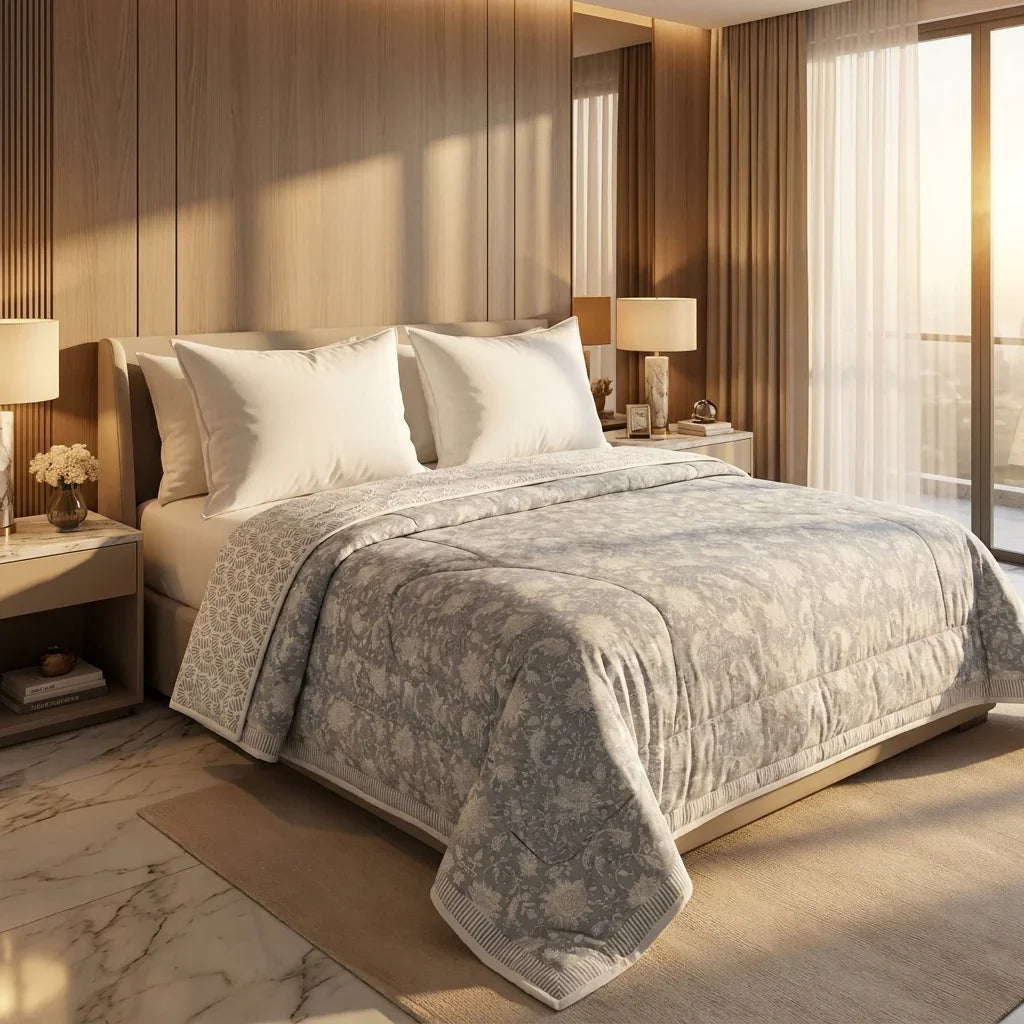 Hand Block Print Quilted Comforter - Grey & Cream