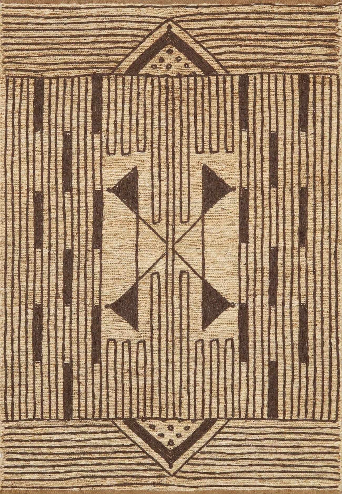 Hand-knotted jute rug with a charcoal and peach tribal pattern