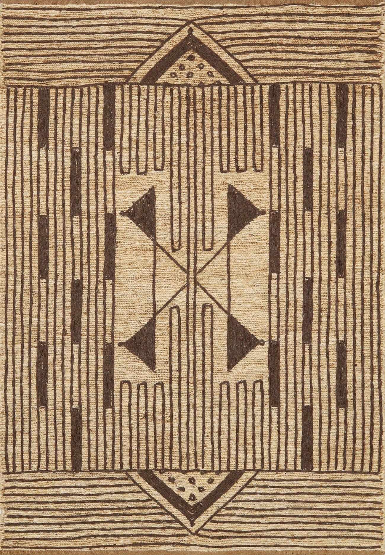 Hand-knotted jute rug with a charcoal and peach tribal pattern