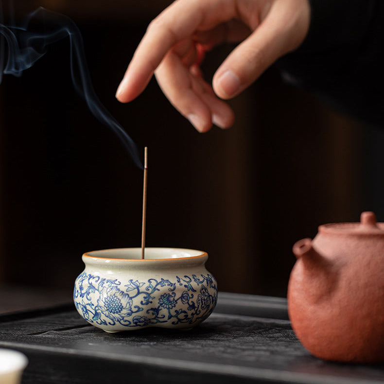 Lotus Incense Burner — Blue-and-White Vine