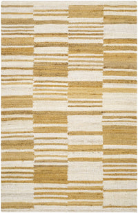 Natural jute flatweave rug in ivory and tan stripe pattern.