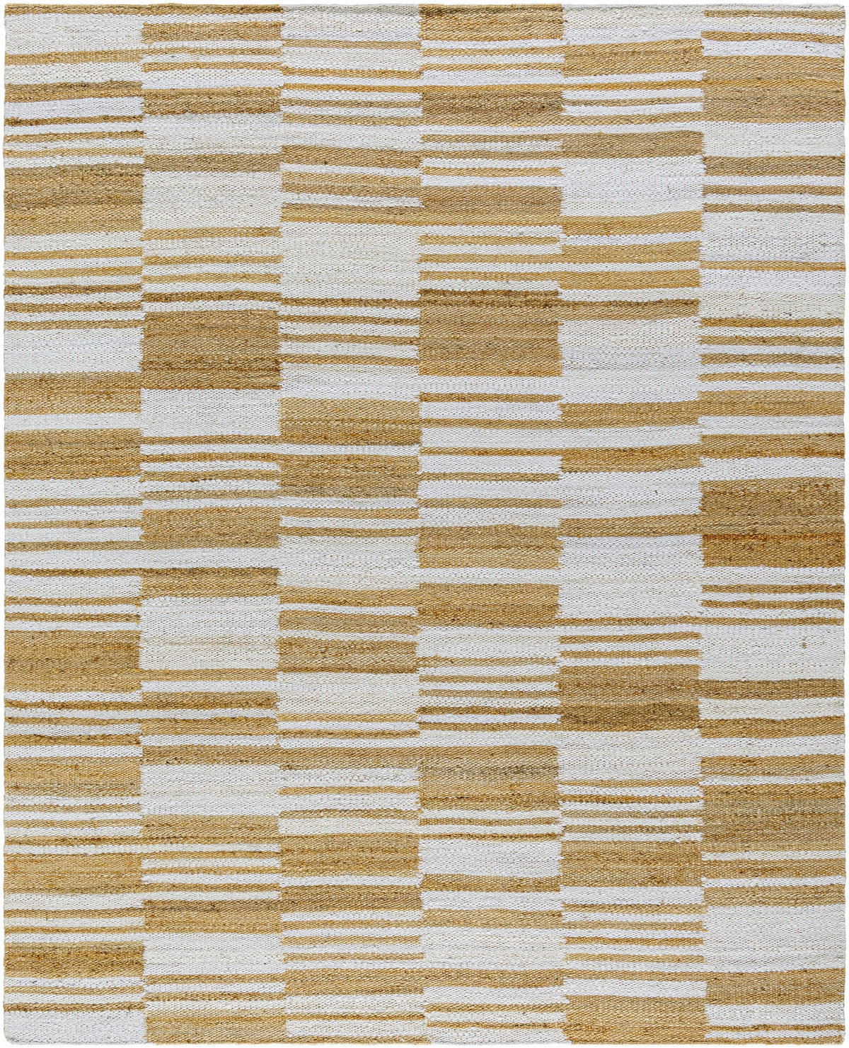 Natural jute flatweave rug in ivory and tan stripe pattern.