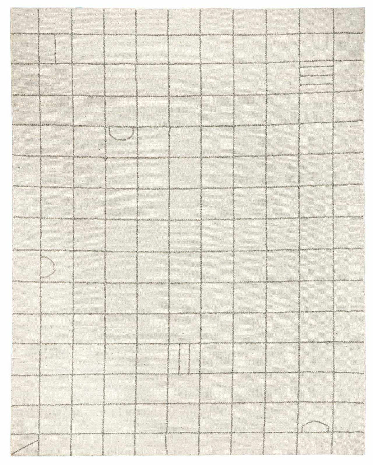 Cream and gray grid pattern wool rug