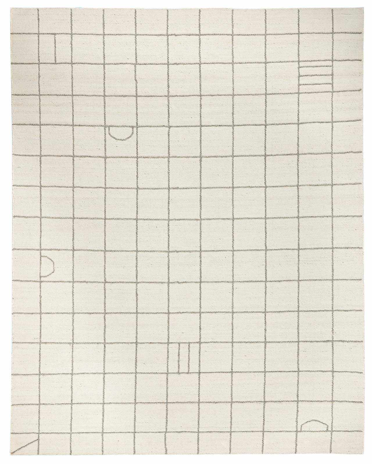 Cream and gray grid pattern wool rug