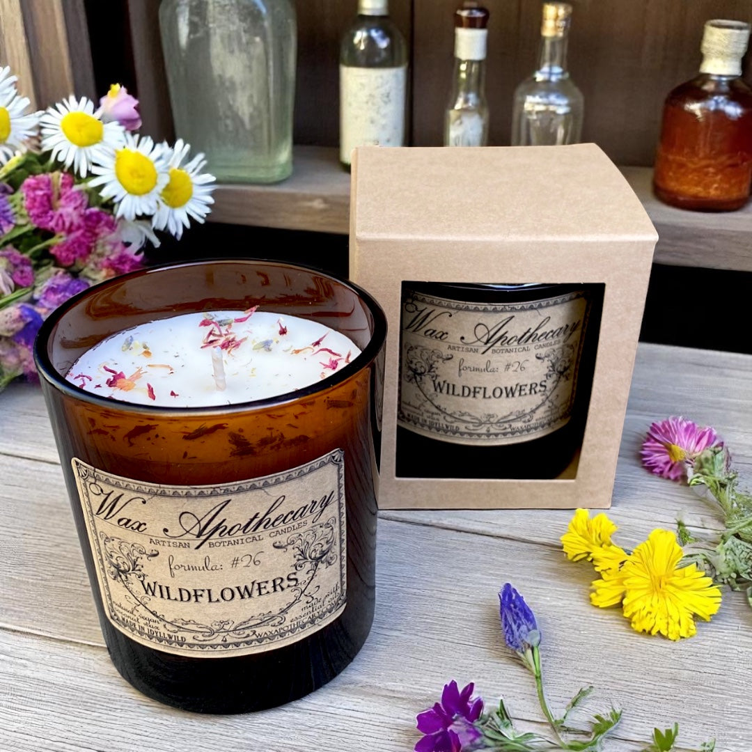 Wildflowers botanical candle in an amber glass tumbler