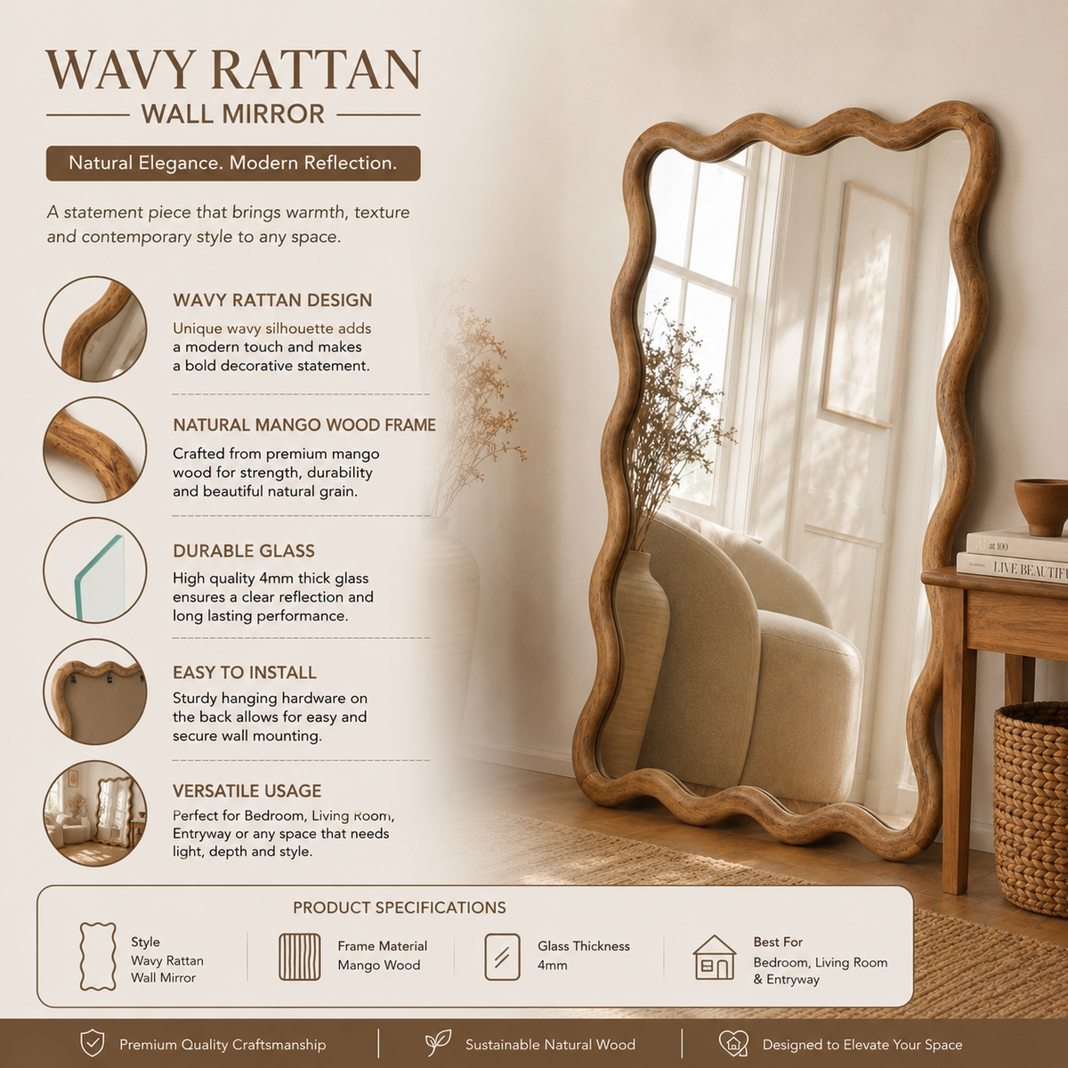 Mango Wood Frame Wavy Wall Mirror  - 36x48"