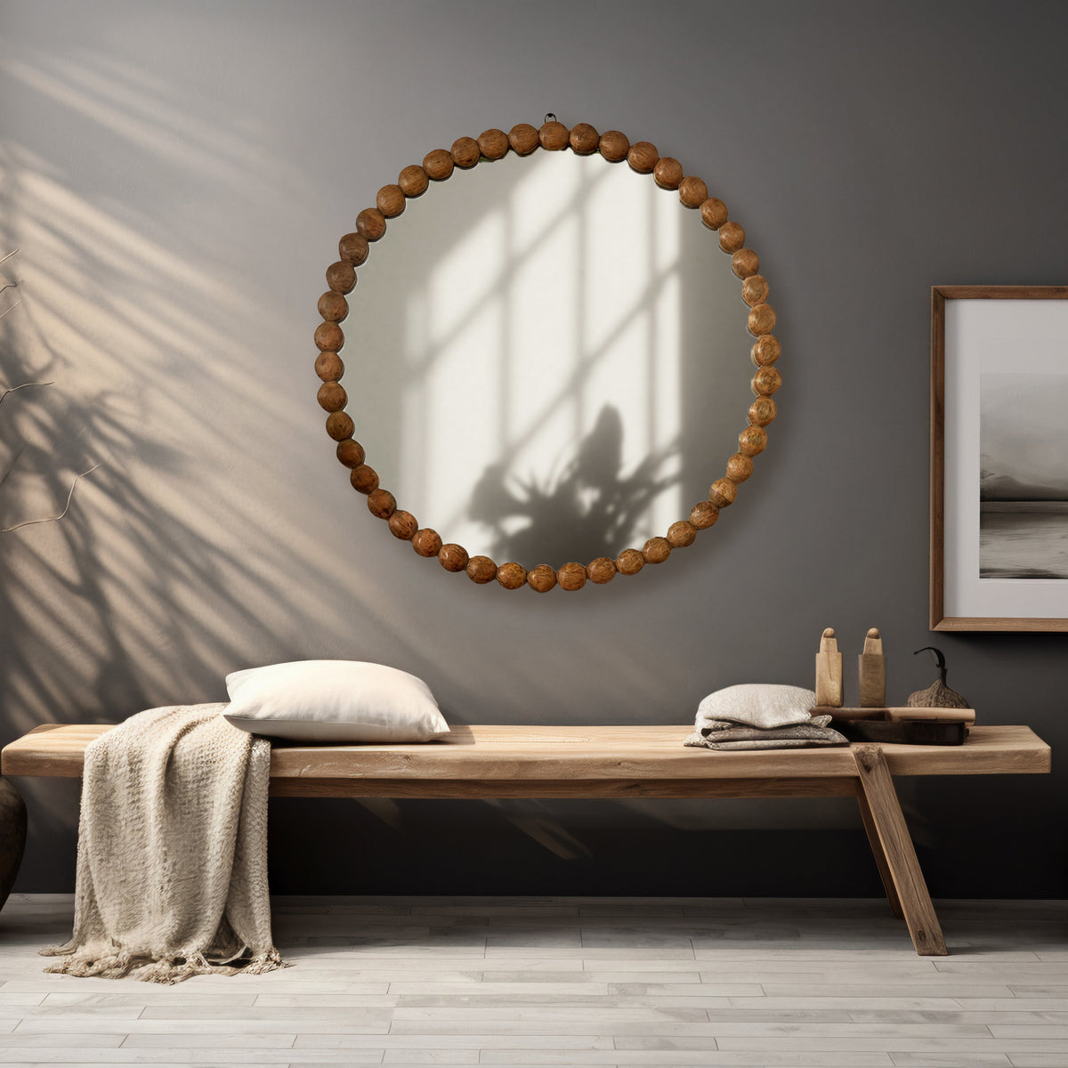 Wooden Beads Frame Circular Wall Mirror - 32"