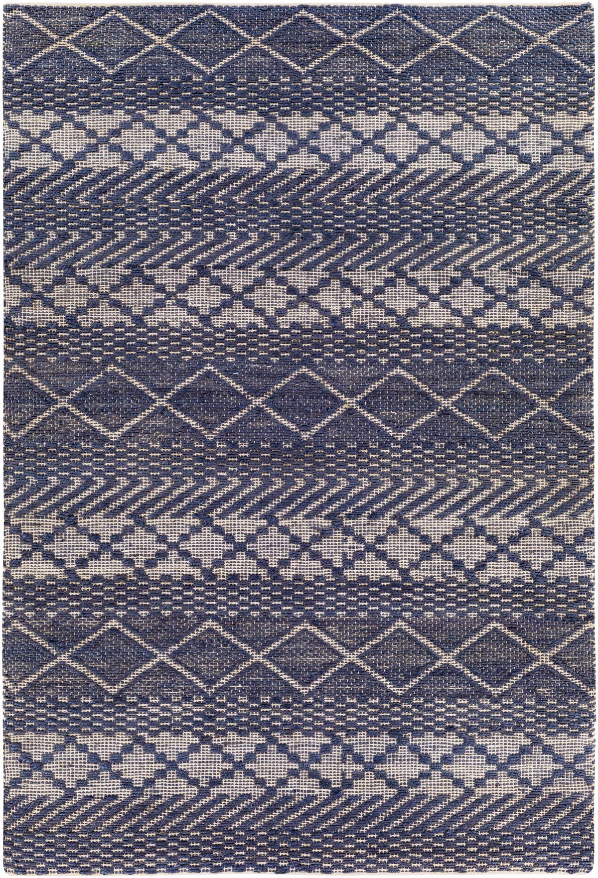 Navy and beige jute and cotton rug with a high-low geometric texture
