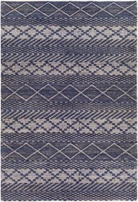 Navy and beige jute and cotton rug with a high-low geometric texture