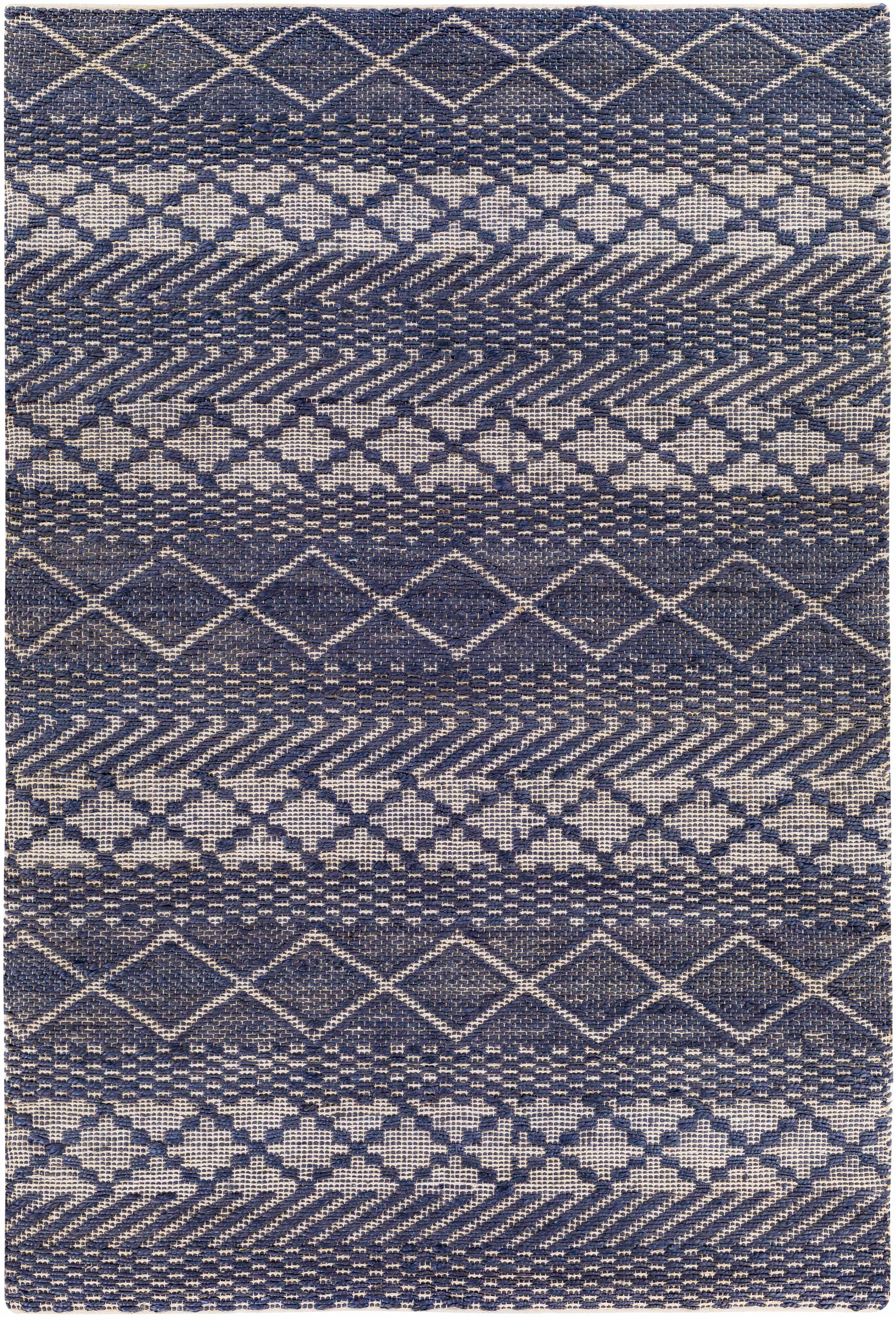 Navy and beige jute and cotton rug with a high-low geometric texture
