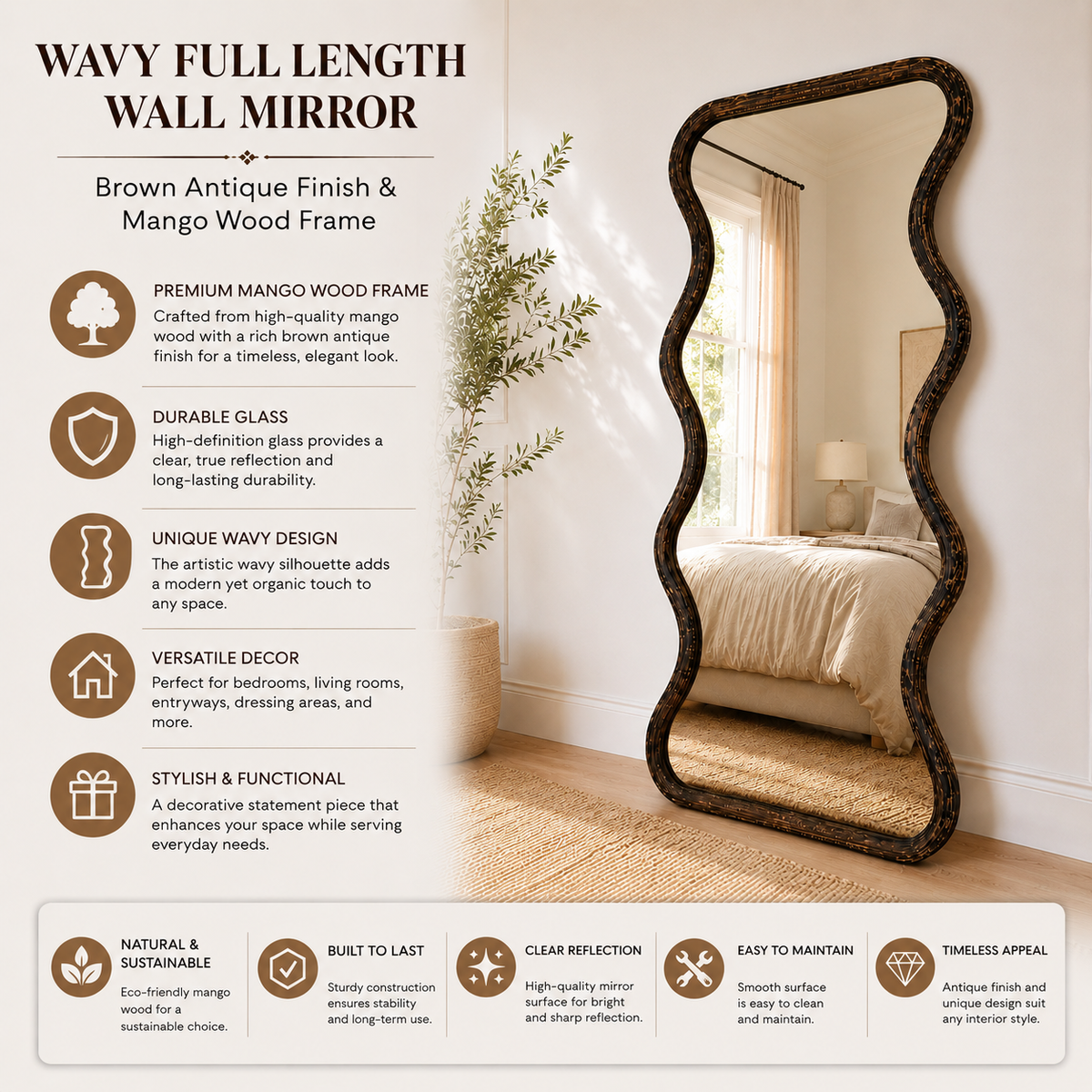 Mango Wood Wavy Full-Length Mirror - 36x72"