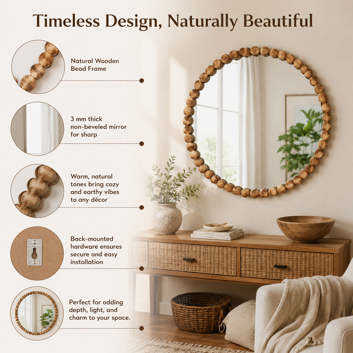 Wooden Beads Frame Circular Wall Mirror - 32"