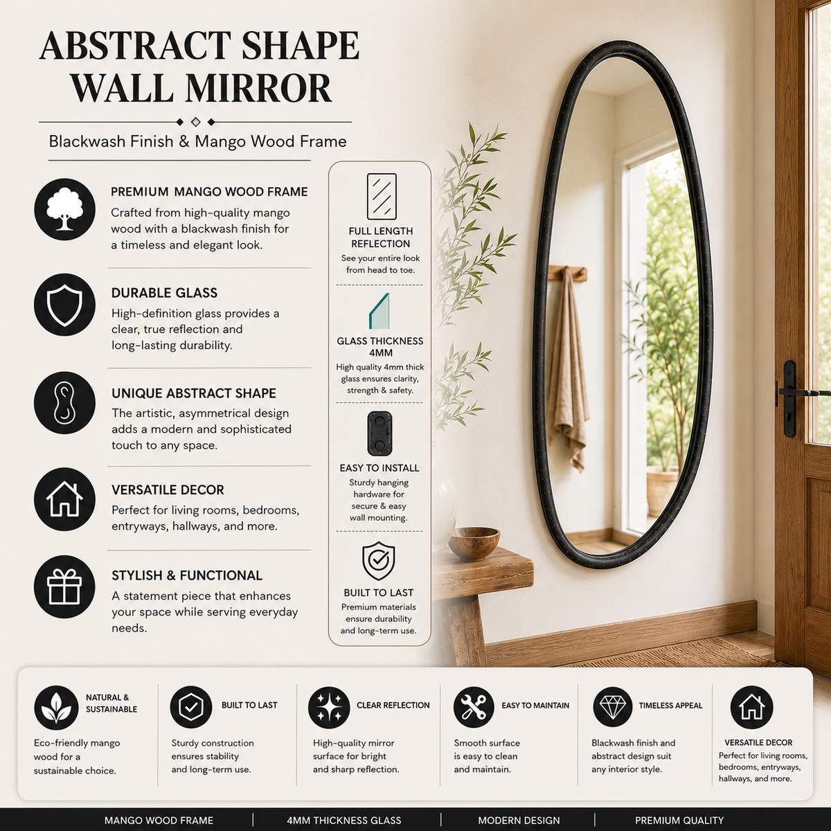 Blackwash Mango Wood Frame Mirror - 28x60"