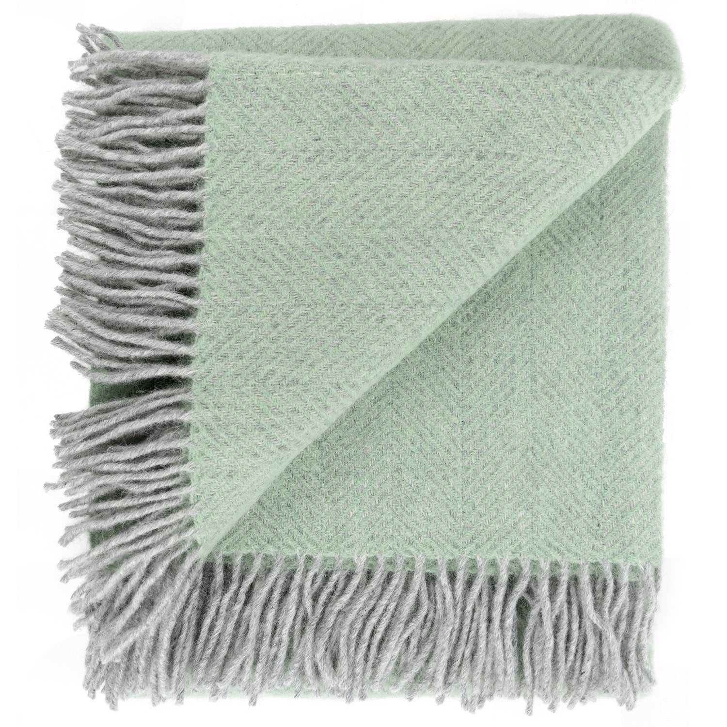 Basil green herringbone wool throw with fringe