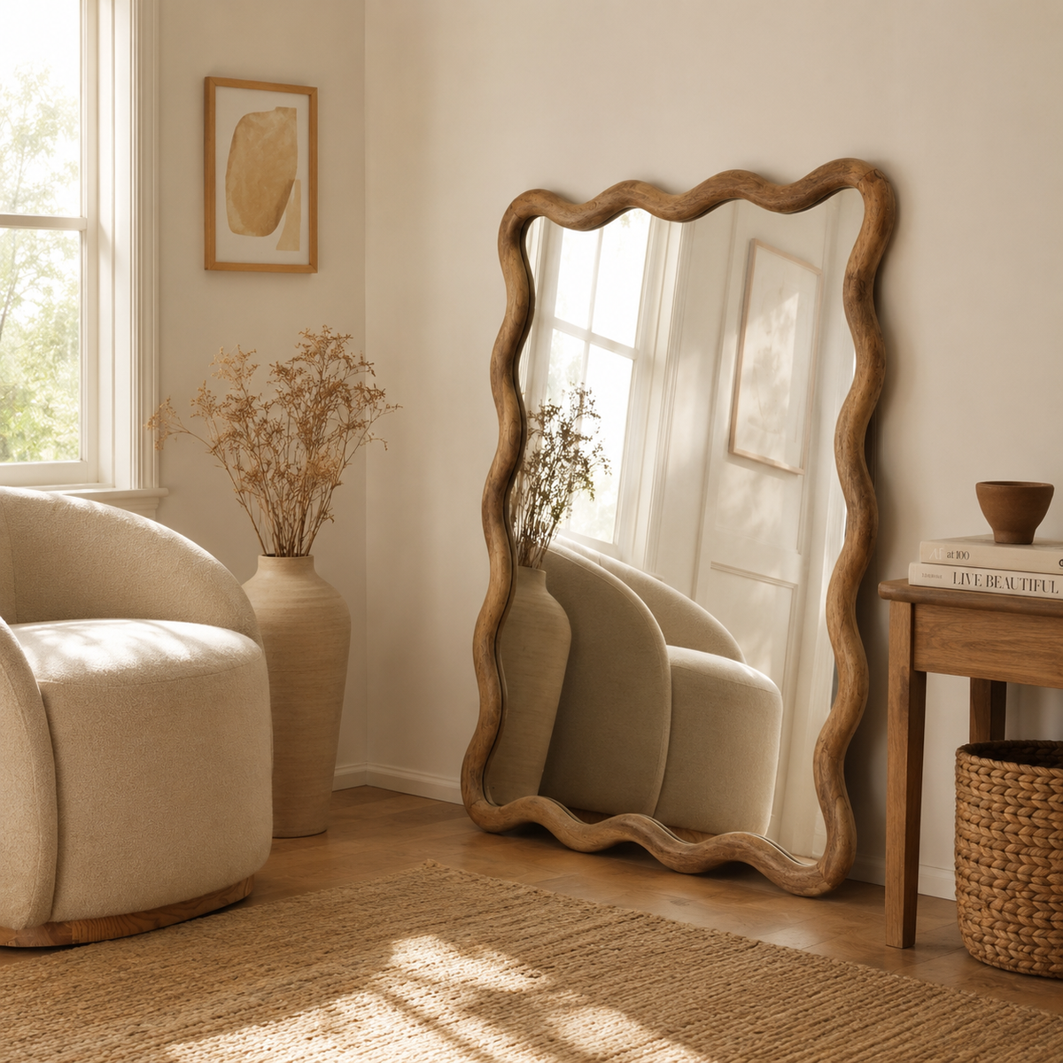 Mango Wood Frame Wavy Wall Mirror  - 36x48"