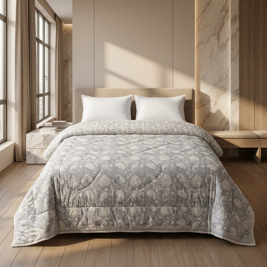 Hand Block Print Quilted Comforter - Grey & Cream