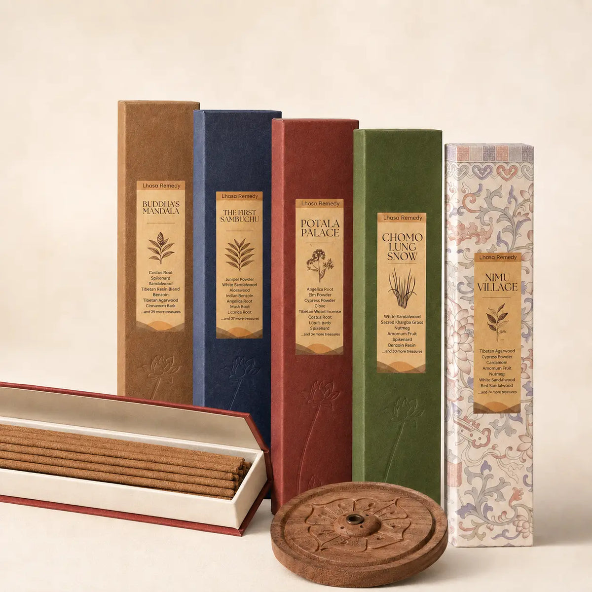 Collection of five Tibetan incense stick blends with a wooden holder