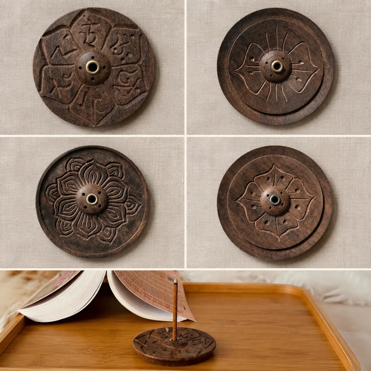 Hand-carved wooden incense holder with a lotus design