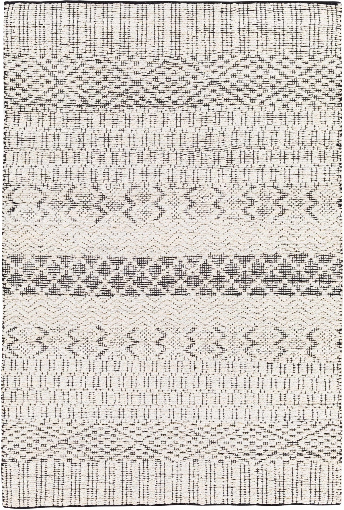 Cream jute and cotton rug with black bands and a high-low texture