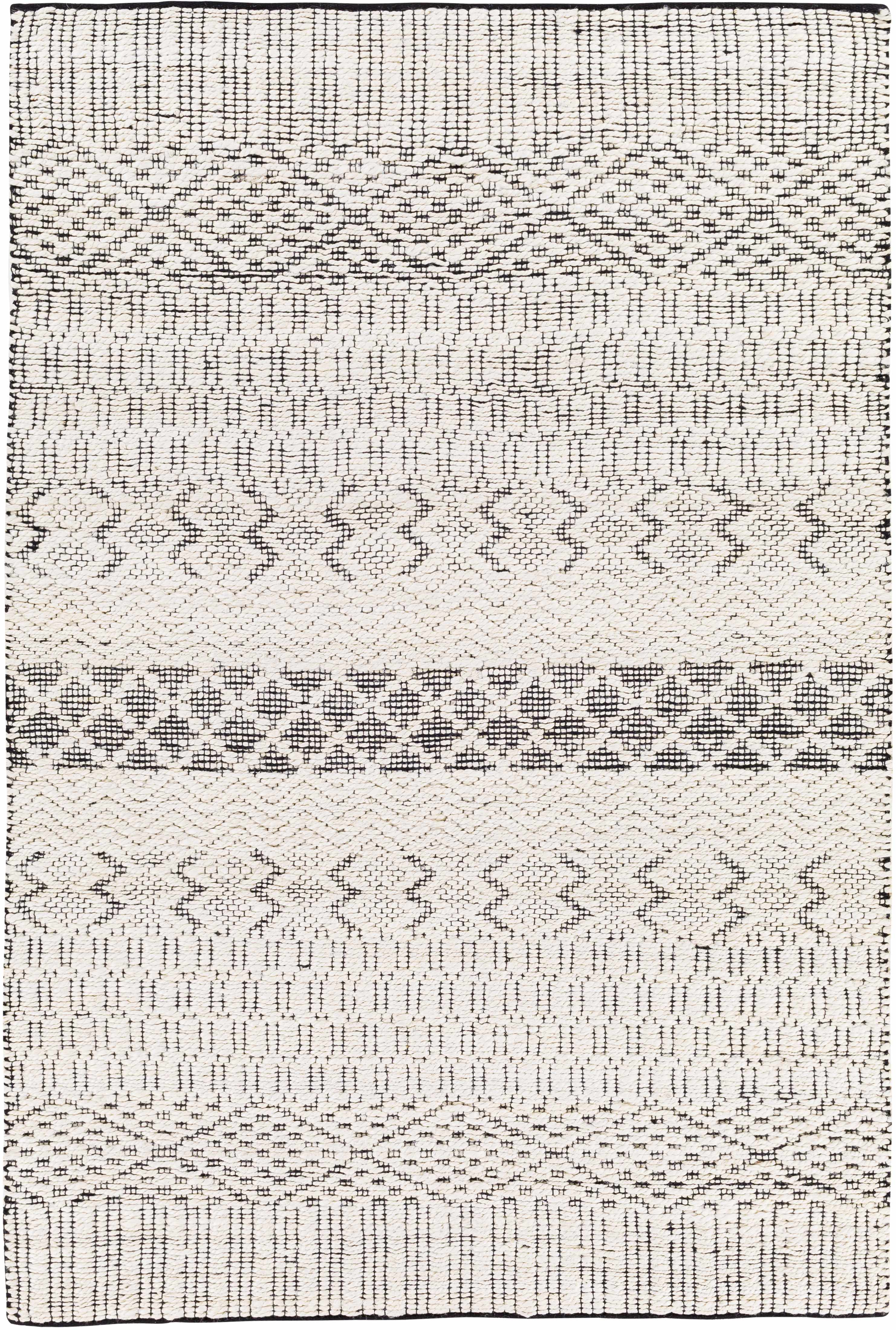 Cream jute and cotton rug with black bands and a high-low texture