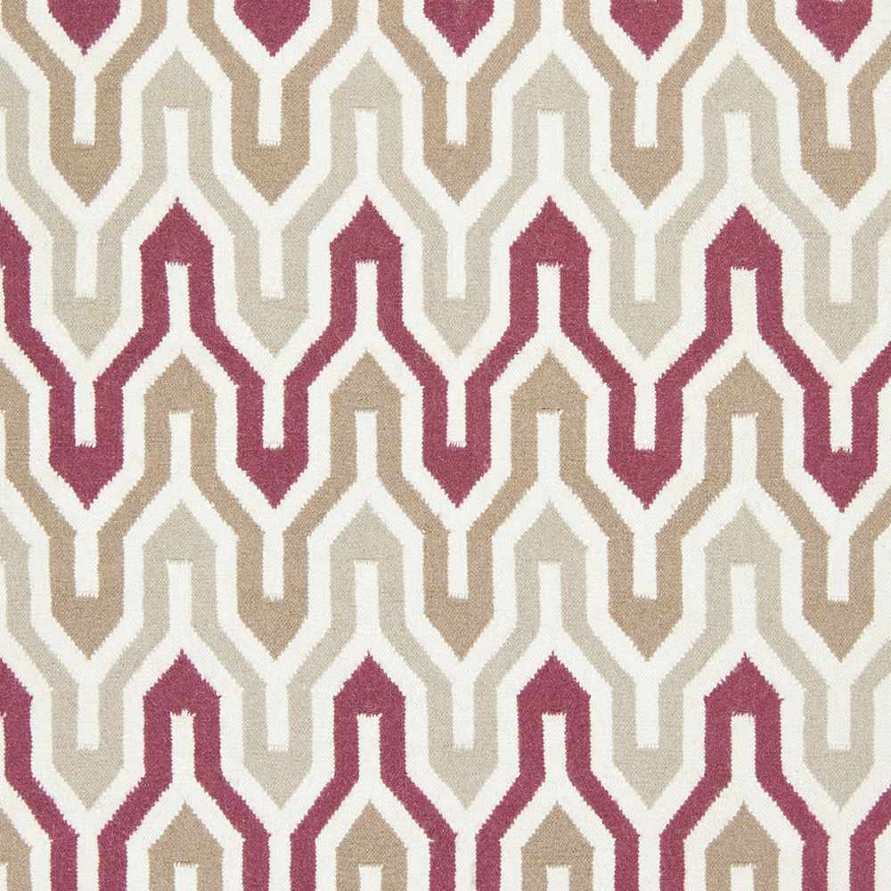Wool rug with a wavy chevron pattern in ivory, brown, gray and dark red