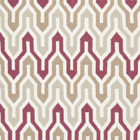 Wool rug with a wavy chevron pattern in ivory, brown, gray and dark red