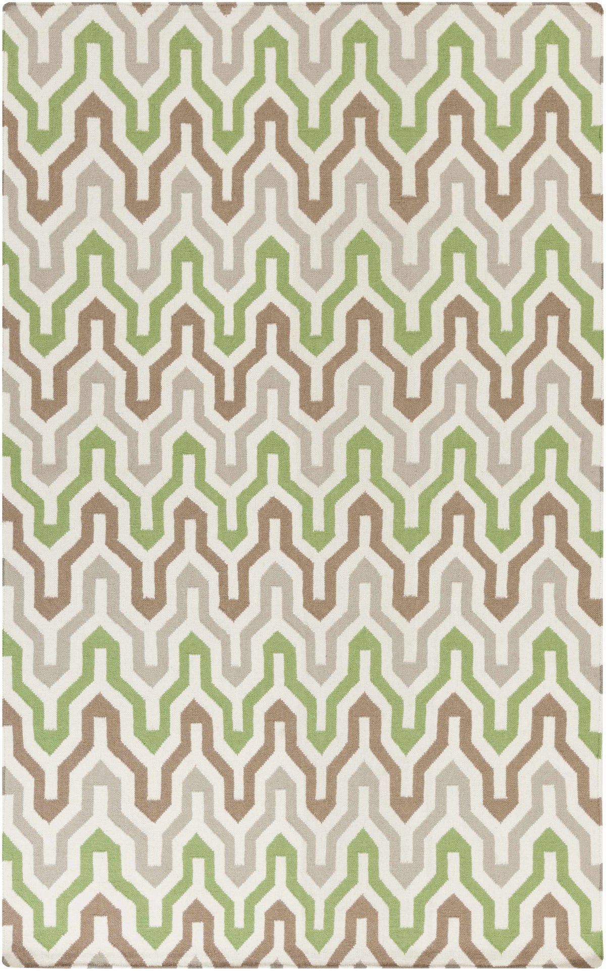Flatweave wool rug in ivory, brown, gray and lime green