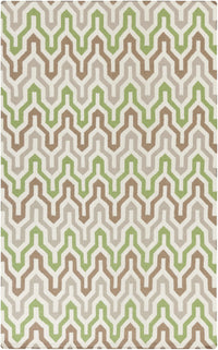 Flatweave wool rug in ivory, brown, gray and lime green