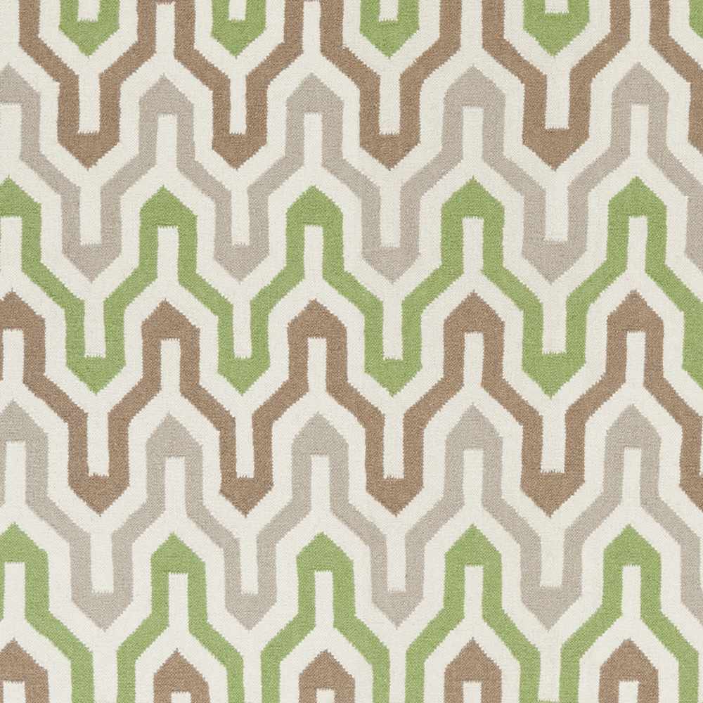 Wool rug with a wavy chevron pattern in ivory, brown, gray and lime green