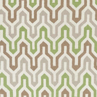 Wool rug with a wavy chevron pattern in ivory, brown, gray and lime green