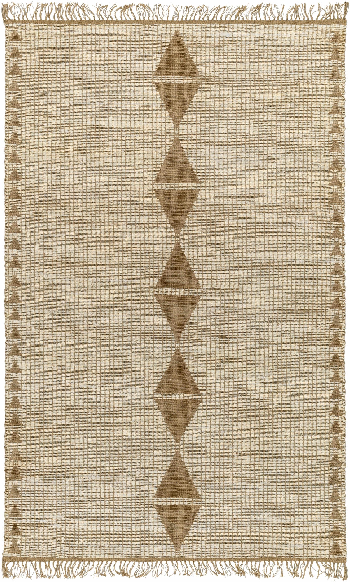 Beige jute rug with a central row of taupe diamond motifs and fringe