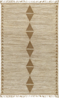 Beige jute rug with a central row of taupe diamond motifs and fringe