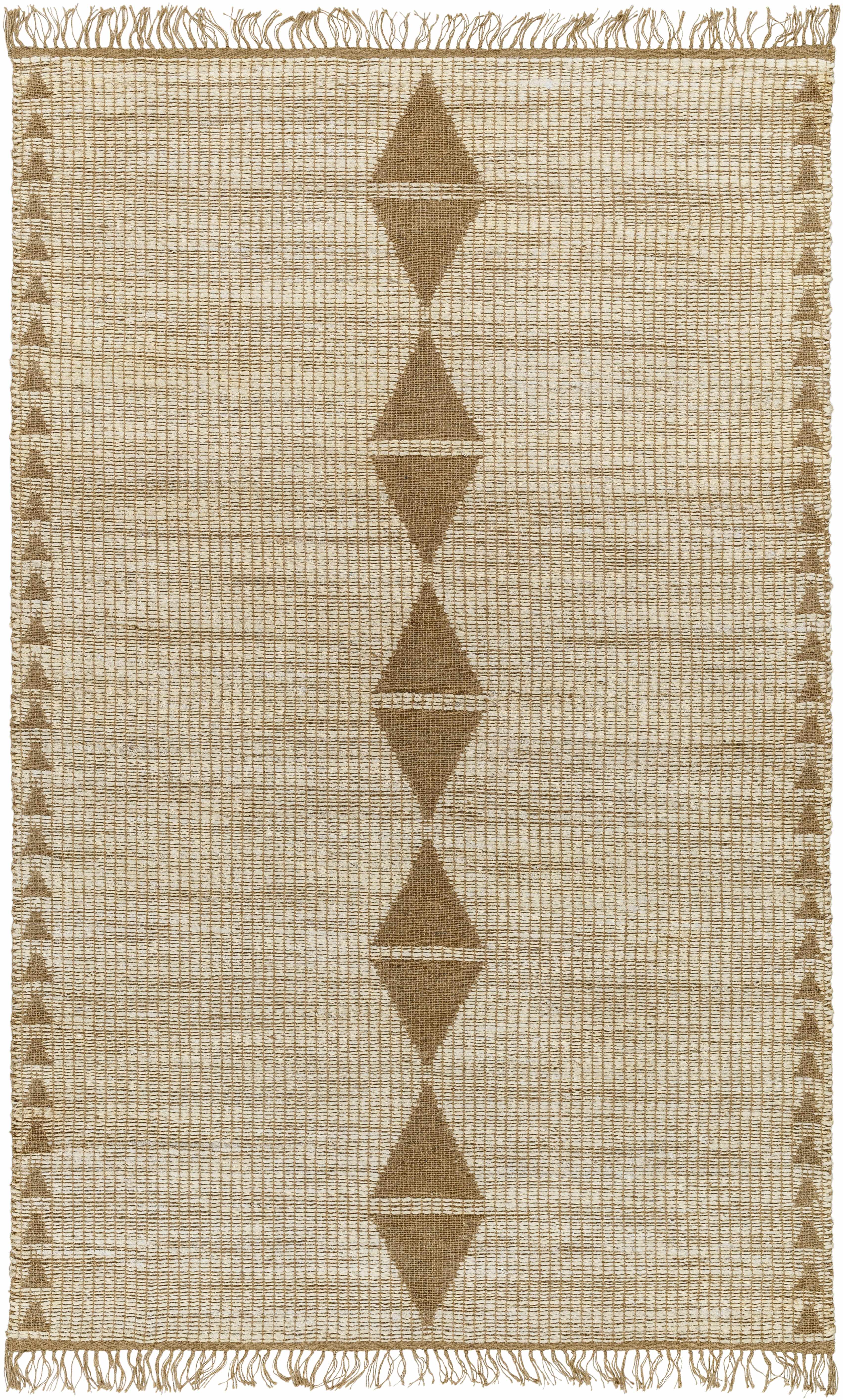Beige jute rug with a central row of taupe diamond motifs and fringe