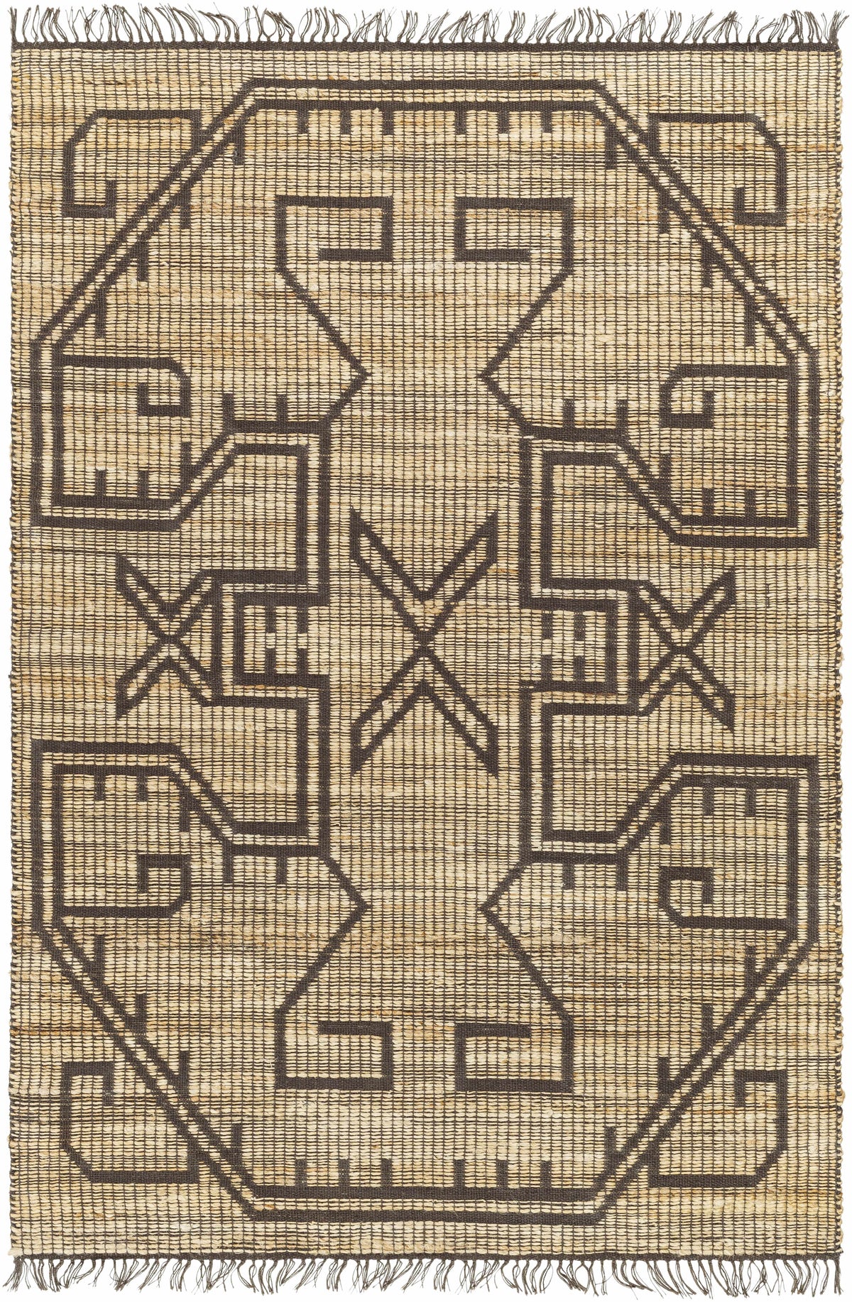 Fringed jute rug in taupe, charcoal and sandstone