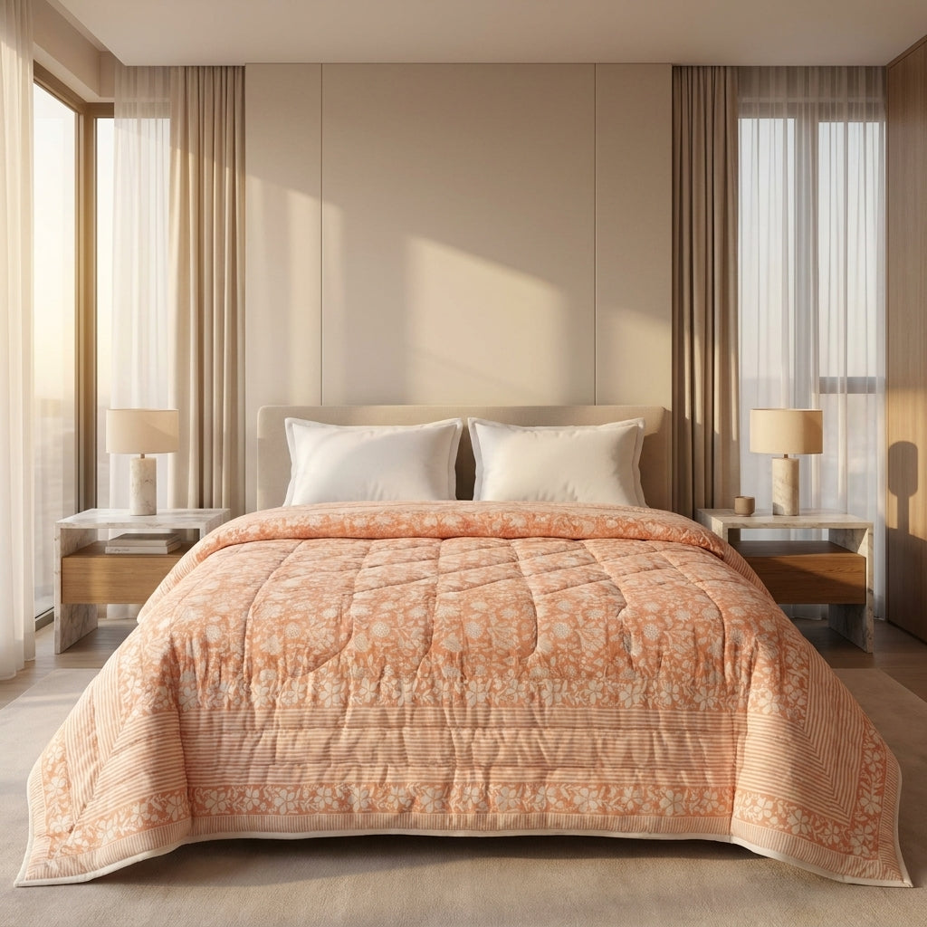 Hand Block Print Quilted Comforter - Peach & Cream