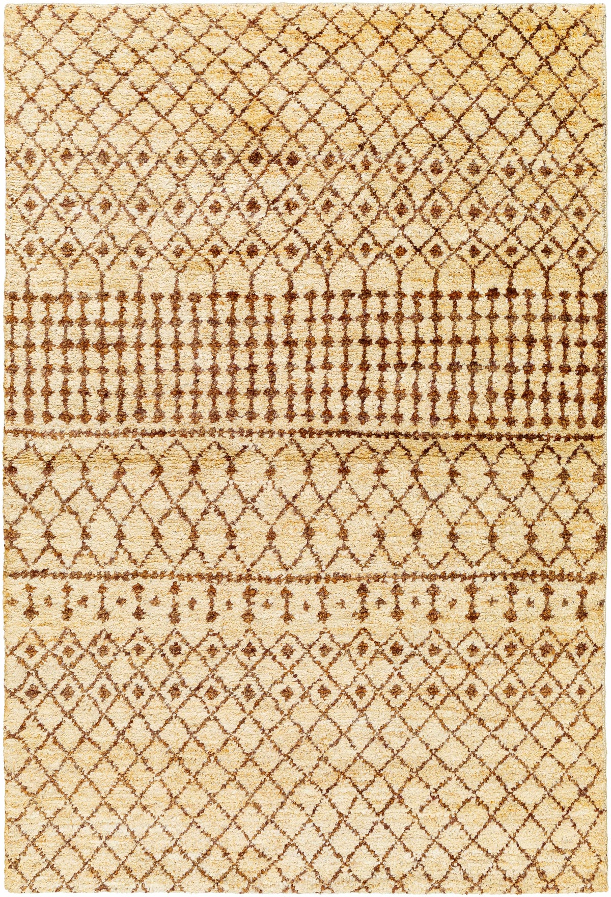 Hand-knotted jute rug in butter and brown tones